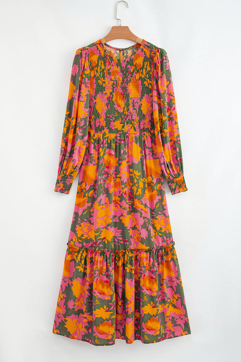 Bohemian Floral Smocked Bodice Voluminous Sleeve Tiered Maxi Dress